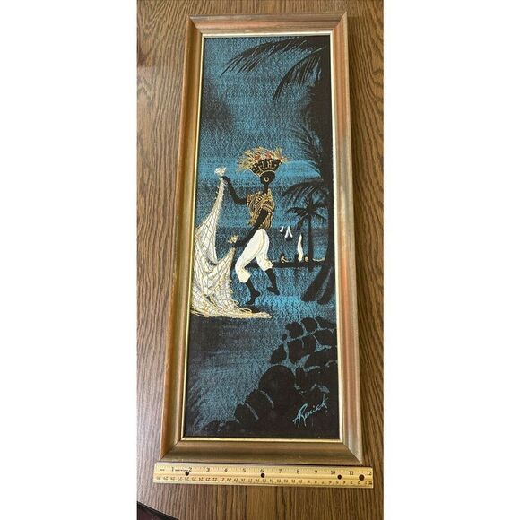 Vintage Signed A Renick Framed Tropical Tribal Fishing Community Art Blue Black - Picture 1 of 16